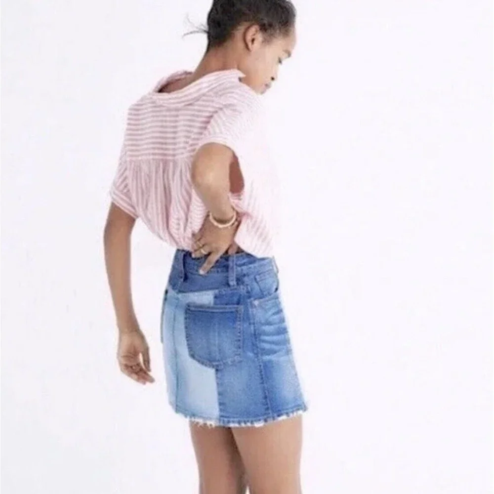 Madewell 1 denim‎ mini skirt Pieced McCarren patchwork raw hem boho jean wo…
